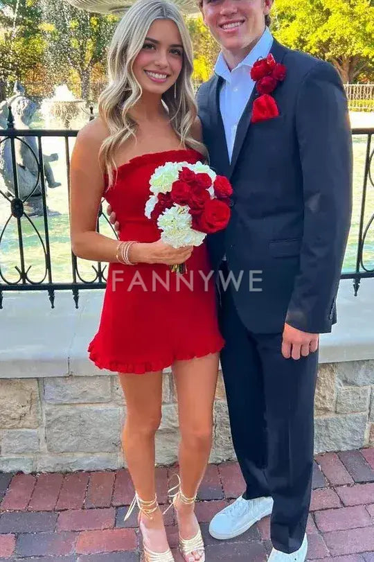 FannyWe Simple Red Strapless Ruffles Sheath/Column Sleeveless Homecoming Dress formal wear dresses